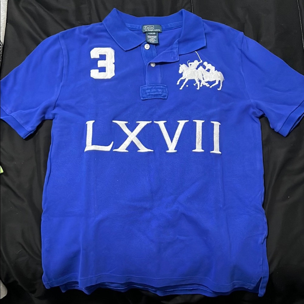 Polo by Ralph Lauren Blue and White Polo Shirt with Equestrian Design